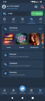 1xGames section with Crash, Crystal and other instant games