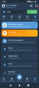 Account and security settings menu in the 1xBet app