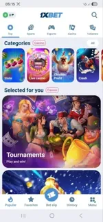 Casino categories and tournaments in the 1xBet app