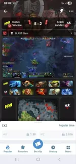 Live Dota 2 esports match stream in the 1xBet app