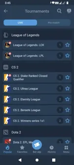 Live esports tournaments in the 1xBet app