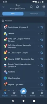 Football competitions and leagues list in the 1xBet app