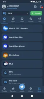 Sports betting menu in the 1xBet app